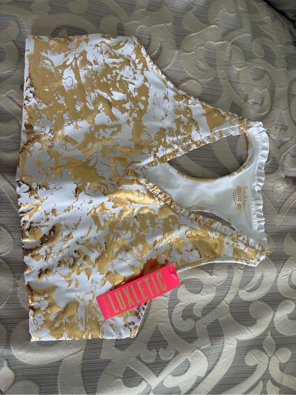 NWT Lilly Pulitzer White and Gold Marble Racerback Sports Bra XL